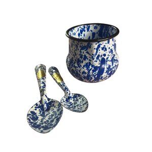 Blue & White Splatter Enamel Soup Mug With Matching Spoons - CGS International -